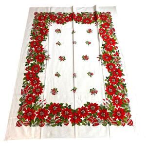 Vintage Christmas tablecloth cotton printed in festive red poinsettias border